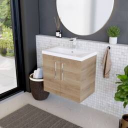 Balterley Contemporary Bathroom Wall Hung 2 Soft-Close Door Vanity Unit with Mid-Edge Ceramic Basin, Bleached Oak, 600 mm in Brown - thumbnail 4