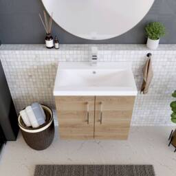 Balterley Contemporary Bathroom Wall Hung 2 Soft-Close Door Vanity Unit with Mid-Edge Ceramic Basin, Bleached Oak, 600 mm in Brown - thumbnail 3