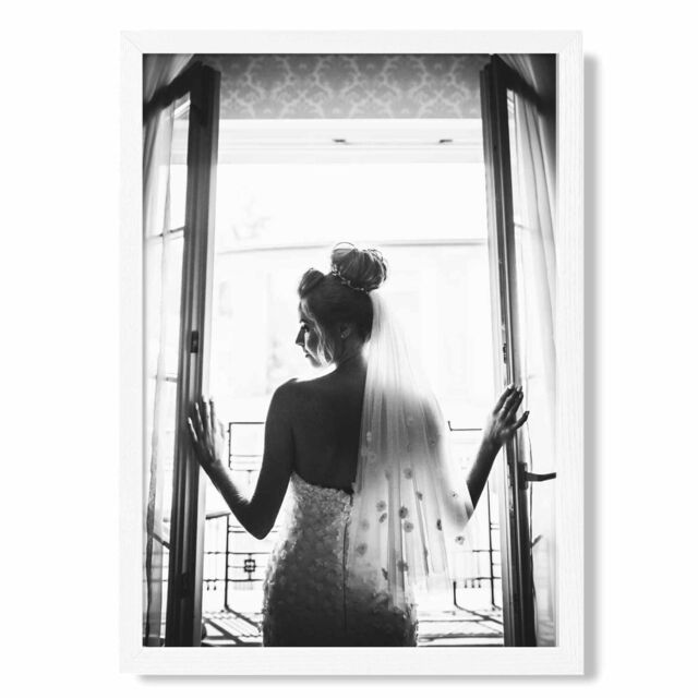ARTZE Bride in Window Fashion Black & White Photo Framed Print SIZE: A2 with White Frame - Size: A4 - image 1