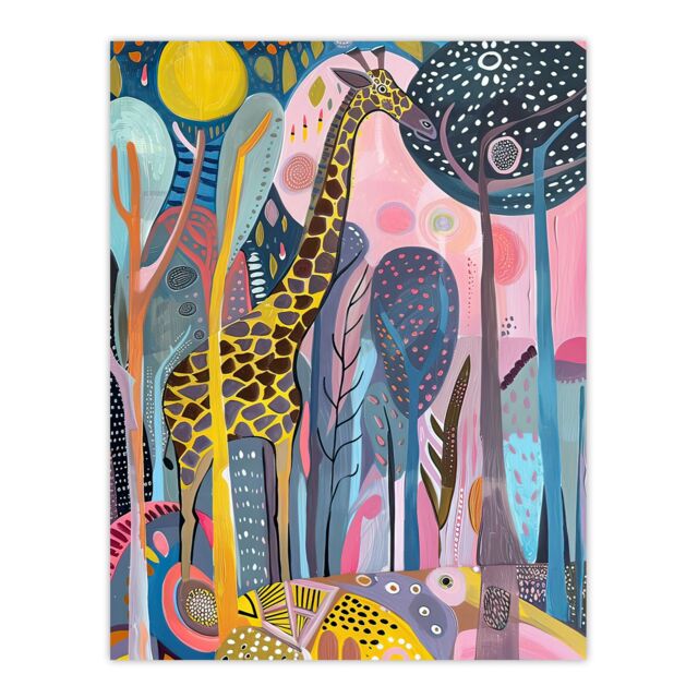 "Artery8 Quirky Giraffe Folk Art Colourful Trees Painting Wall Art Print - Size: W12"" x H16""" - image 1
