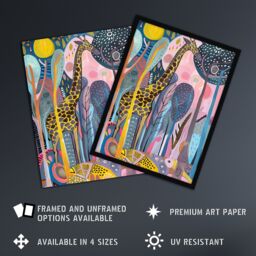 "Artery8 Quirky Giraffe Folk Art Colourful Trees Painting Wall Art Print - Size: W12"" x H16""" - thumbnail 2