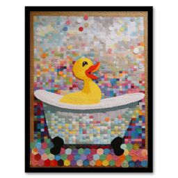 "Artery8 Wall Art Print Bathtime Yellow Duck In Bathtub Colourful Artwork Bath Time Mosaic Bathroom Painting Art Framed - Size: W12"" x H16""" - thumbnail 1