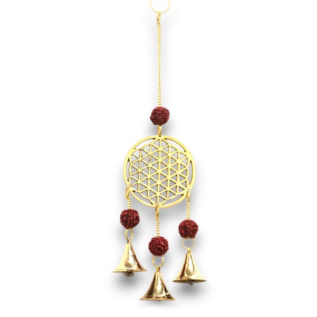 KDMD Indian Chimes - Brass Flower of Life with Rudraksha Beads - 3 Bells in Gold