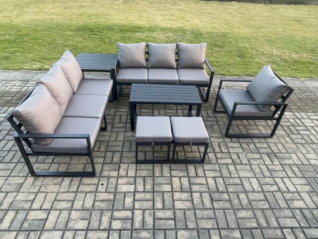 Fimous Aluminium 9 Seater Garden Furniture Outdoor Patio Sofa Set with Rectangular Coffee Table Armchair 2 Small Footstool Side Table in Dark Grey - image 1