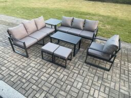 Fimous Aluminium 9 Seater Garden Furniture Outdoor Patio Sofa Set with Rectangular Coffee Table Armchair 2 Small Footstool Side Table in Dark Grey - thumbnail 2