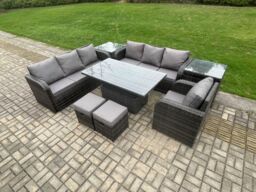 Fimous PE Rattan Outdoor Garden Furniture Sets Height Adjustable Rising lifting Dining Table Sofa Set with Reclining Chair 2 Small Footstools - thumbnail 1