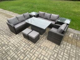 Fimous PE Rattan Outdoor Garden Furniture Sets Height Adjustable Rising lifting Dining Table Sofa Set with Reclining Chair 2 Small Footstools - thumbnail 2