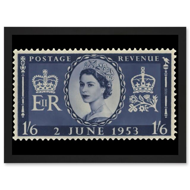 Artery8 Queen Elizabeth II of England Scotland United Kingdom Coronation Reproduction Stamp 1953 Artwork Framed Wall Art Print A4 in Black - image 1