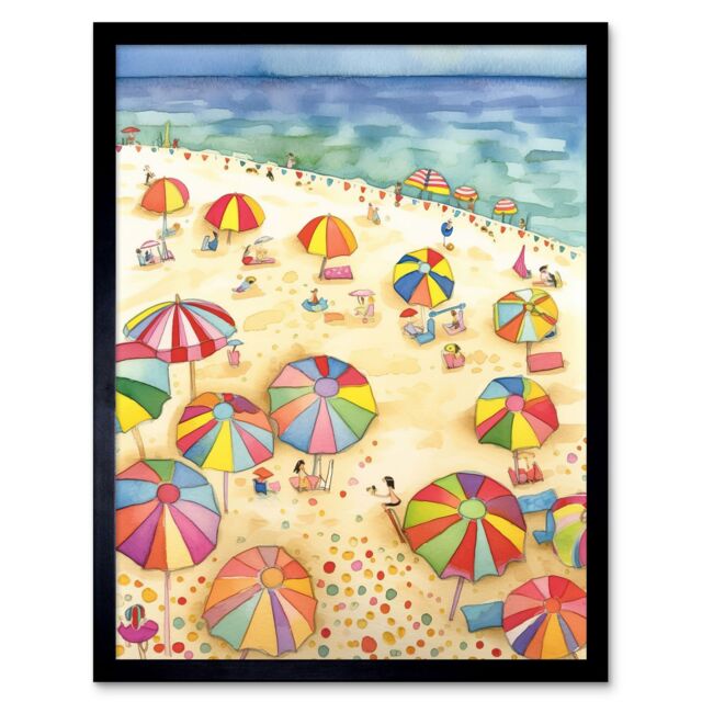"Artery8 Wall Art Print Summer Beach Sunshine Folk Art Framed in Black - Size: W12"" x H16""" - image 1