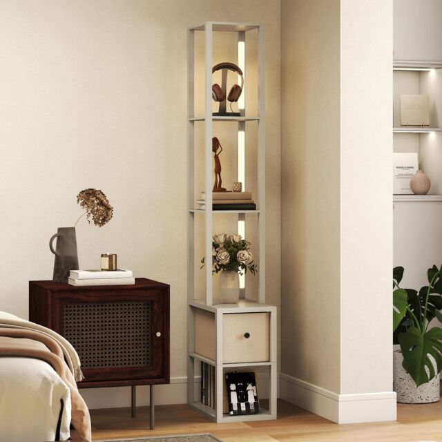 HOMCOM Floor Lamp with Shelves, LED Standing Lamp with Fabric Drawer in Light Oak - image 1