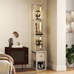 HOMCOM Floor Lamp with Shelves, LED Standing Lamp with Fabric Drawer in Light Oak - thumbnail 1