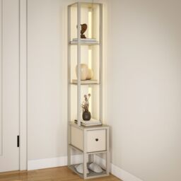 HOMCOM Floor Lamp with Shelves, LED Standing Lamp with Fabric Drawer in Light Oak - thumbnail 2