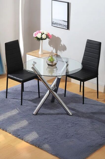 Living and Home 3-Piece Dining Table Set of 2 Modern Faux Leather Dining Chairs and Tempered Glass Round Table in Black - image 1