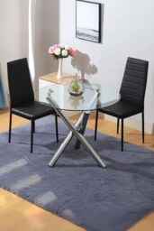 Living and Home 3-Piece Dining Table Set of 2 Modern Faux Leather Dining Chairs and Tempered Glass Round Table in Black