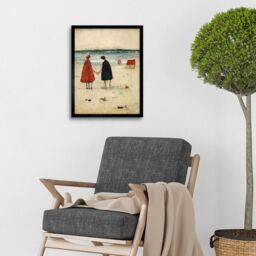 "Artery8 Wall Art Print Perfect Day For A Walk Couple Beach Scene Art Framed in Black - Size: W12"" x H16""" - thumbnail 2