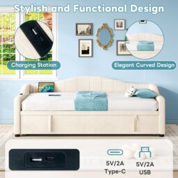 Matteo Beige Velvet Upholstered 3ft Single Daybed with Pull-Out Trundle & USB Charging Station - Ideal Sofa Bed - thumbnail 6