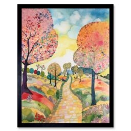"Artery8 Wall Art Print Countryside Path With Blooming Flowers & Trees Folk Art Landscape Watercolour Painting Art Framed in Black - Size: W12"" x H16""" - thumbnail 1