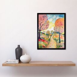 "Artery8 Wall Art Print Countryside Path With Blooming Flowers & Trees Folk Art Landscape Watercolour Painting Art Framed in Black - Size: W12"" x H16""" - thumbnail 2