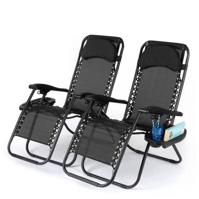 LIVIVO Outdoor Gravity Textline Chair Set with Headrest & Tray - Set of 2 in Black - image 1