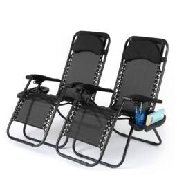 LIVIVO Outdoor Gravity Textline Chair Set with Headrest & Tray - Set of 2 in Black - thumbnail 1