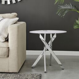 FurnitureboxUK Novara Round Marble Effect Glass Top Side Table With Silver Metal Starburst Legs in White - thumbnail 2
