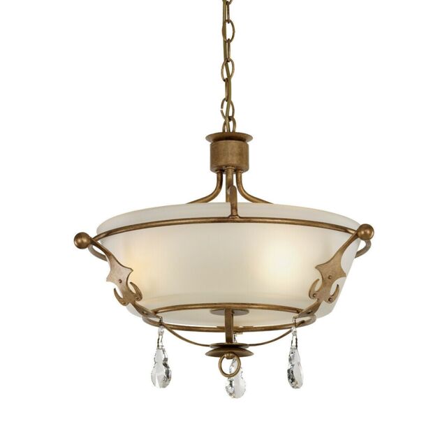 Loops 3 Bulb Semi Flush Light Metal Flourishe Crystal Droplets Gold Patina LED E14 60W