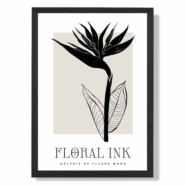 ARTZE Bird of Paradise Flower Floral Ink Sketch Framed Print SIZE: A3 with Black Frame in Beige - Size: A4 - image 1