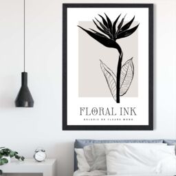 ARTZE Bird of Paradise Flower Floral Ink Sketch Framed Print SIZE: A3 with Black Frame in Beige - Size: A4 - thumbnail 2