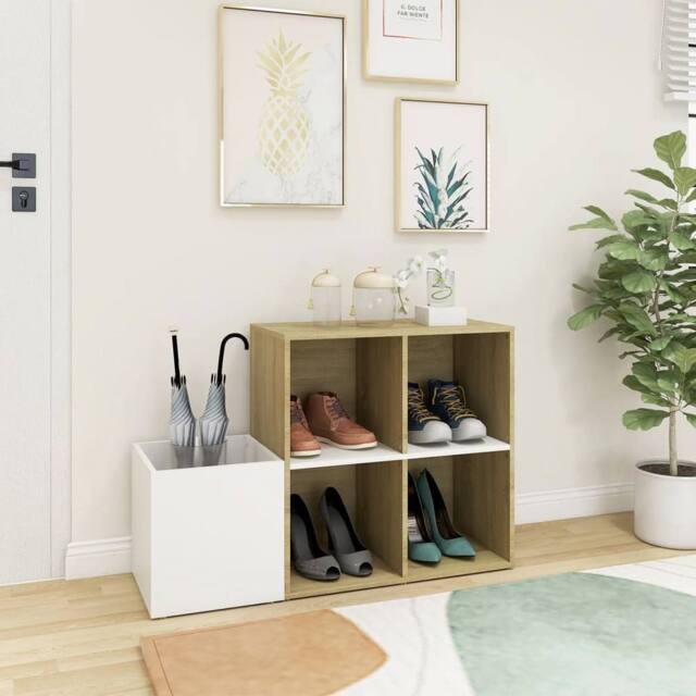 Berkfield Home Hall Shoe Cabinet White & Sonoma Oak 105x35.5x70 cm Engineered Wood in Beige - image 1