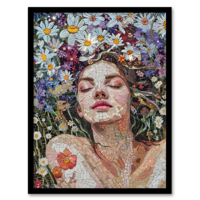 Artery8 Wall Art Print Woman Laying in Spring Flower Field Mosaic Art Framed Poster in Black - Size: A4 - image 1