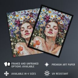 Artery8 Wall Art Print Woman Laying in Spring Flower Field Mosaic Art Framed Poster in Black - Size: A4 - thumbnail 2
