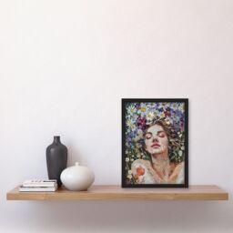 Artery8 Wall Art Print Woman Laying in Spring Flower Field Mosaic Art Framed Poster in Black - Size: A4 - thumbnail 4