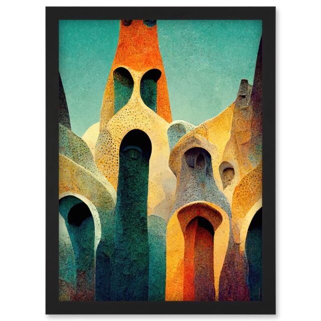 Artery8 Colourful Modern Painting Gaudi Style Architecture Sagrada Familia Artwork Framed Wall Art Print A4 in Black - image 1