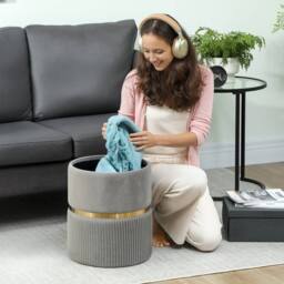 Wyld Haus Rivera Velvet Light Grey Ribbed Storage Ottoman Gold Accent - thumbnail 8