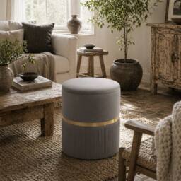 Wyld Haus Rivera Velvet Light Grey Ribbed Storage Ottoman Gold Accent