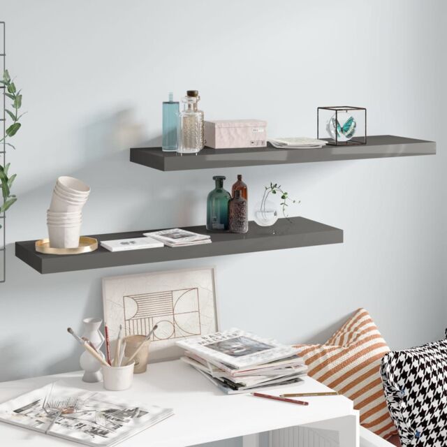 Berkfield Home Floating Wall Shelves 2 pcs High Gloss Grey 90x23.5x3.8 cm MDF - image 1