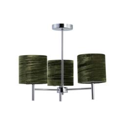 First Choice Lighting Brea - Chrome 3 Light Fitting with Green Crushed Velvet Shades in Silver