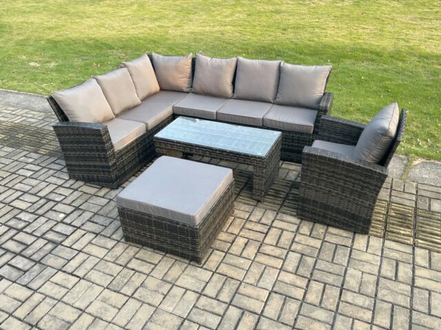 Fimous 8 Seat Rattan Garden Furniture Corner Sofa Set Outdoor Patio Sofa Chair Table Set with Big Footstool Dark Grey Mixed - image 1