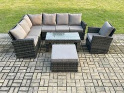 Fimous 8 Seat Rattan Garden Furniture Corner Sofa Set Outdoor Patio Sofa Chair Table Set with Big Footstool Dark Grey Mixed - thumbnail 2