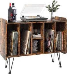 Huhote Record Player Stand Vinyl Turntable Stand With 3 Tier Storage Cabinet in Brown - thumbnail 2