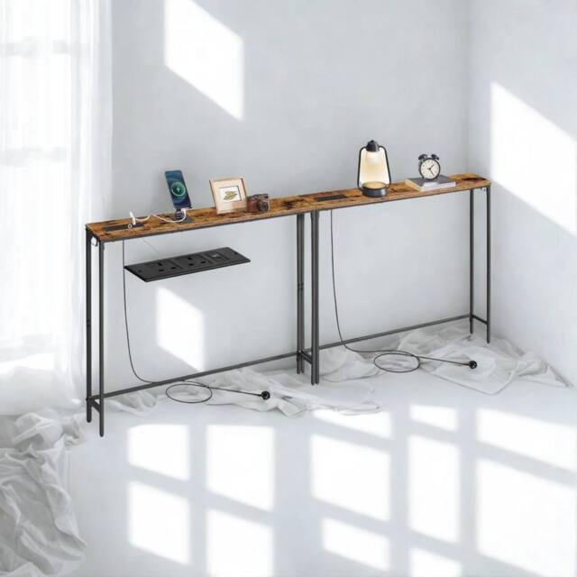Pirlo Plush Set of 2 Industrial Console Table With Charging Station Rustic Brown - image 1