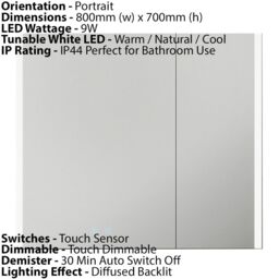 Loops 800 x 700mm IP44 LED Twin Bathroom Mirror Cabinet - Bluetooth Speaker & Demister - thumbnail 4