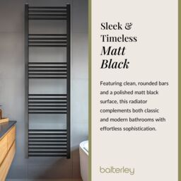 Balterley Straight Heated Towel Rail Radiator, 1032W, 500 x 1800mm, Matt Black - thumbnail 6