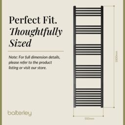 Balterley Straight Heated Towel Rail Radiator, 1032W, 500 x 1800mm, Matt Black - thumbnail 5