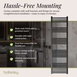 Balterley Straight Heated Towel Rail Radiator, 1032W, 500 x 1800mm, Matt Black - thumbnail 4