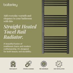 Balterley Straight Heated Towel Rail Radiator, 1032W, 500 x 1800mm, Matt Black - thumbnail 2