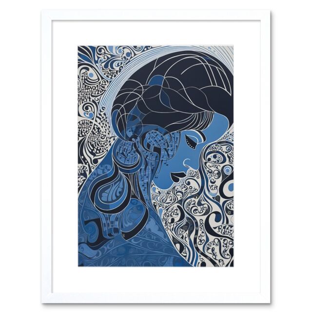 "Artery8 Wall Art Print Melancholy in Blue Woman Modern Folk Art Portrait Artwork Framed 9X7 Inch in White - Size: W7"" x H9""" - image 1