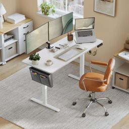 VASAGLE Large Electric Height Adjustable Desk 4 Memory Storage Pocket in White - thumbnail 1