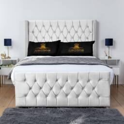 UK Bed Furniture Emily Wingback Divan Bed with 54 Inch Diamond Headboard - No Storage in White - Size: Super King - thumbnail 1