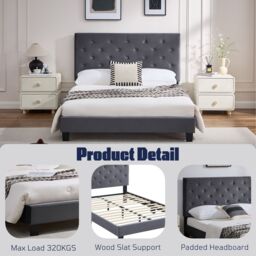 FURNITURE ONE Upholstered Platform Bed Frame with Adjustable Button Tufted Headboard in Grey - Size: Double - thumbnail 2